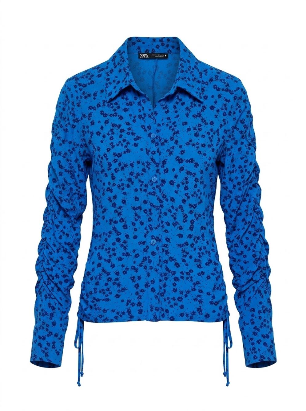 Zara Blue Floral Print Ruched Long Sleeve Drawstring Blouse Women Size XS